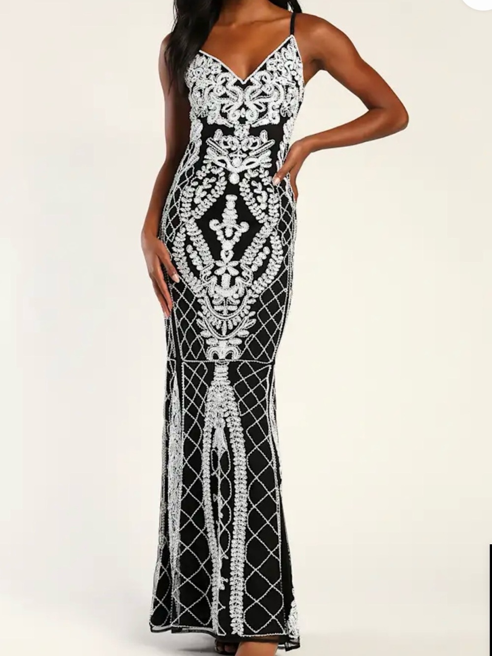 Lulus Extravagant Aura Black and White Beaded Sequin Maxi Dress